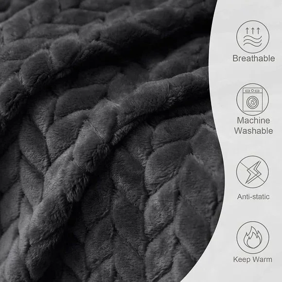Dark Grey Knit Jacquard Weave Pattern Decorative Warm Flannel Couch Cozy Blanket - Picture 4 of 16